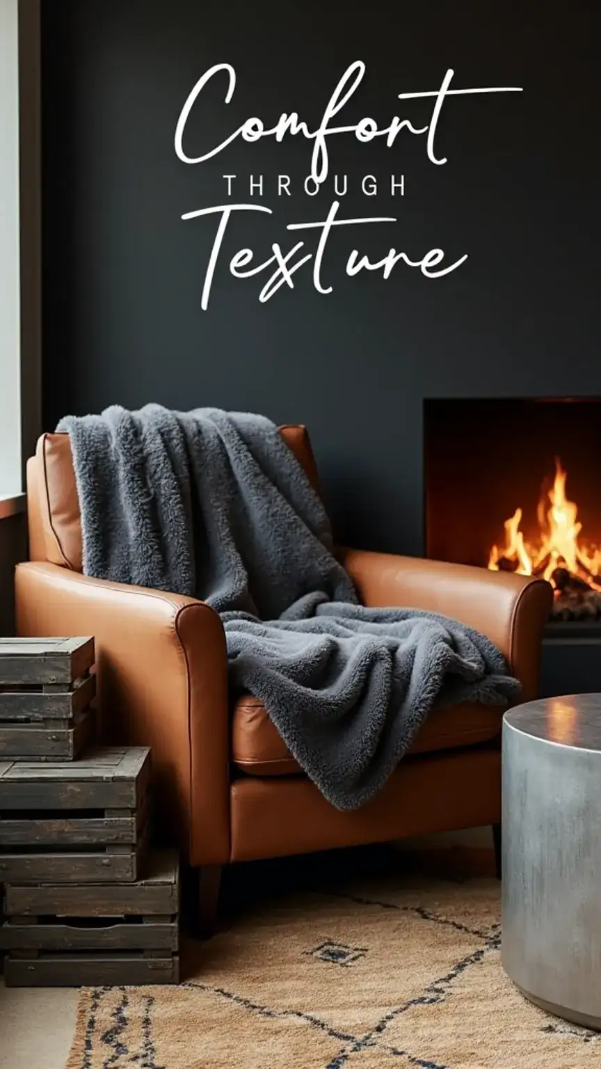 Textural elements in a man cave: faux fur throw, leather armchair, textured rug. Cozy man cave ideas, unique man cave design, comfortable man cave decor.