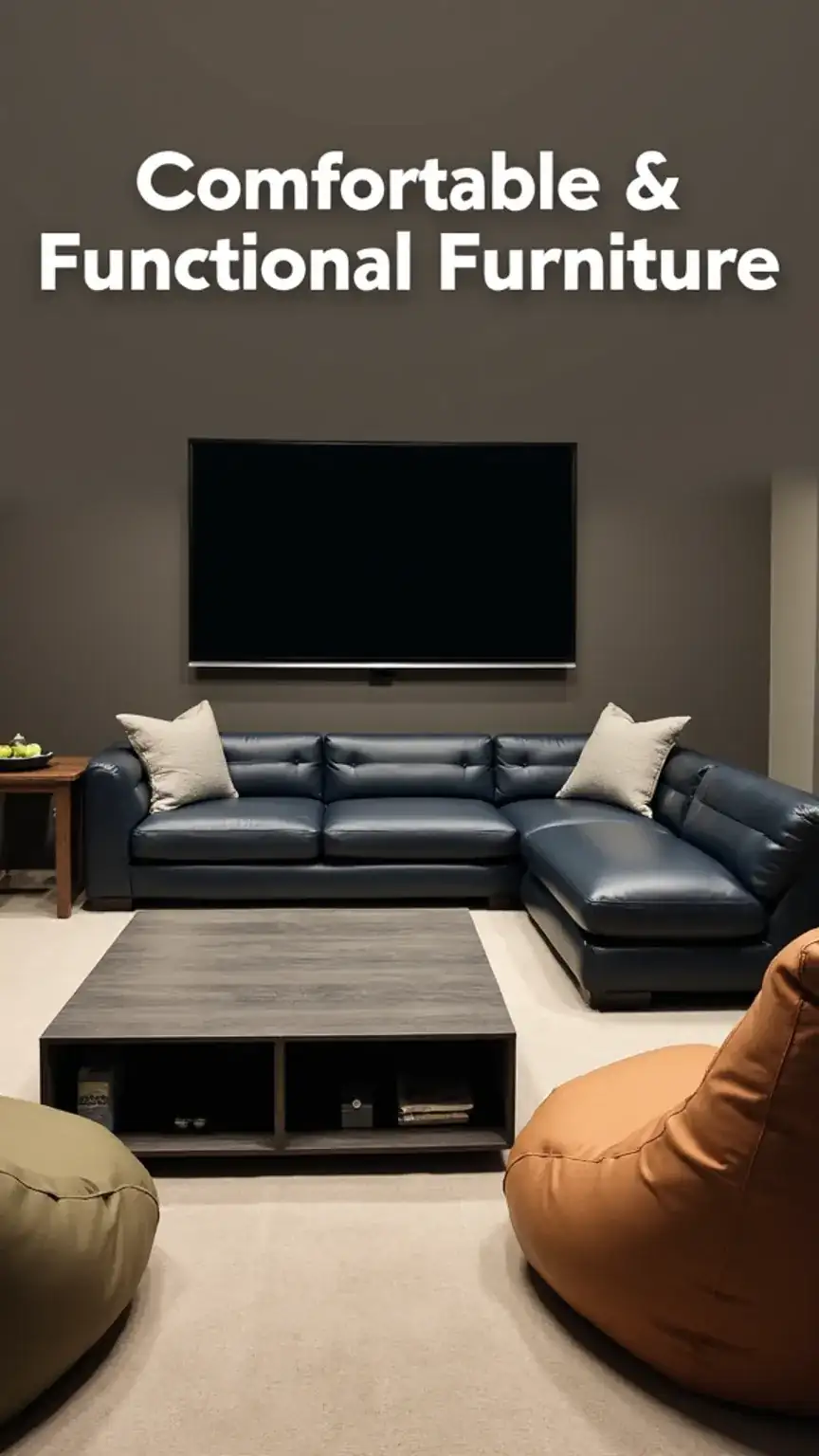 Game room furniture ideas featuring a sectional sofa, storage solutions, and bean bags for a cozy man cave.