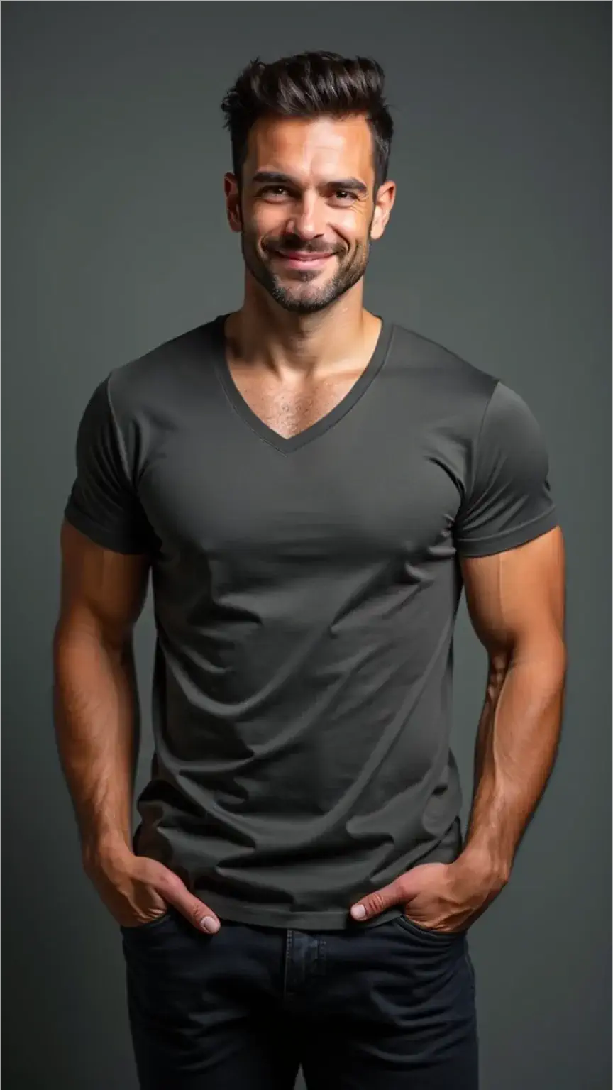 Confidence in a V-neck t-shirt, best t-shirt fit, essential t-shirts for men, men's style guide.