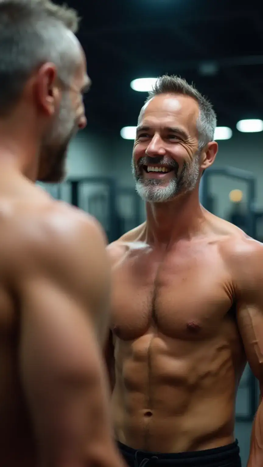 Man smiling at his reflection in a gym mirror, embodying confidence gained from building muscle after 40, strength training for men, and successful aging fitness.