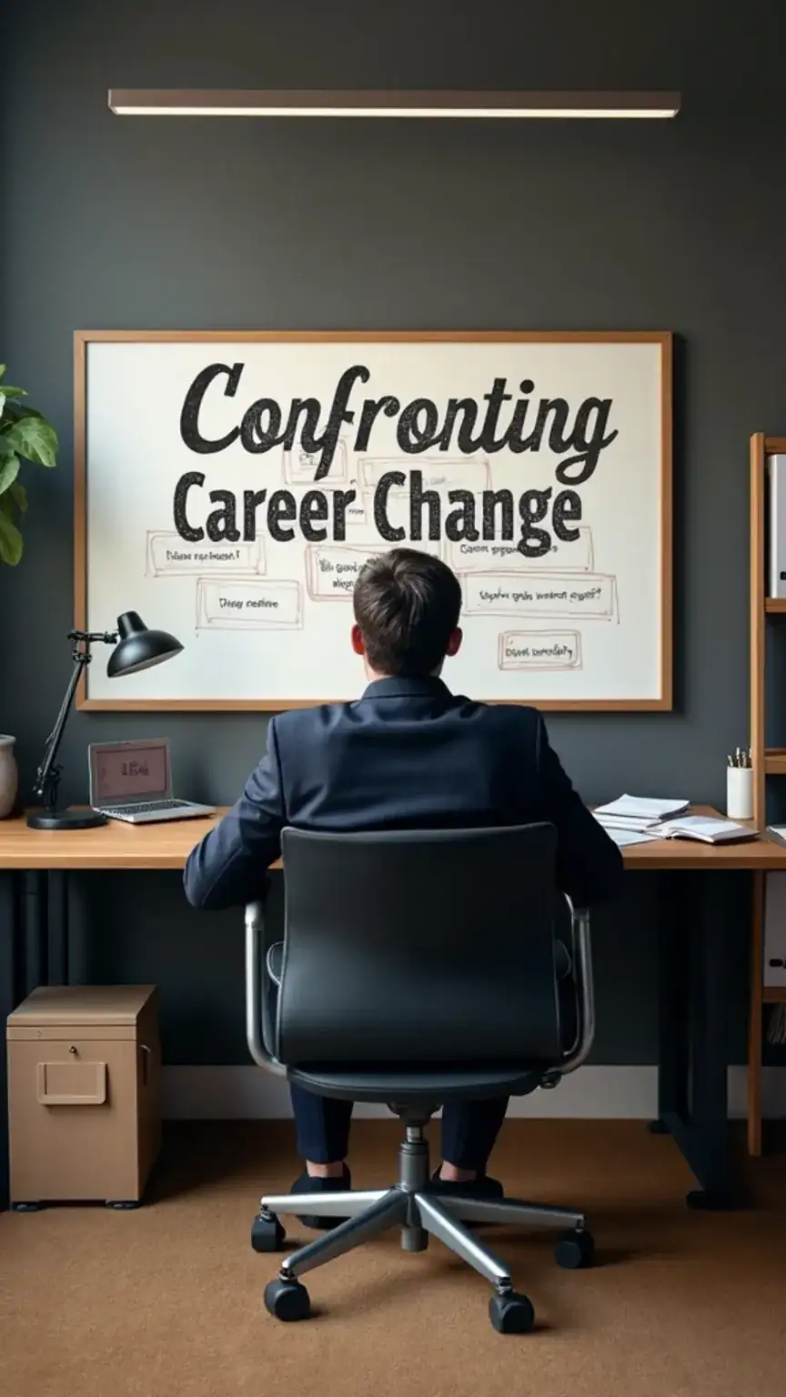 Man confronting career change, acknowledging uncertainty, career adaptation steps. Masculine visual style, professional reflection, strategic planning.