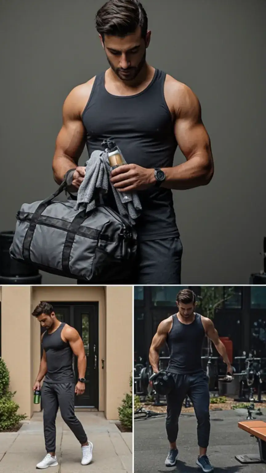 Collage of images showing consistent gym attendance, representing staying consistent with strength training for men, building muscle after 40, aging gracefully.