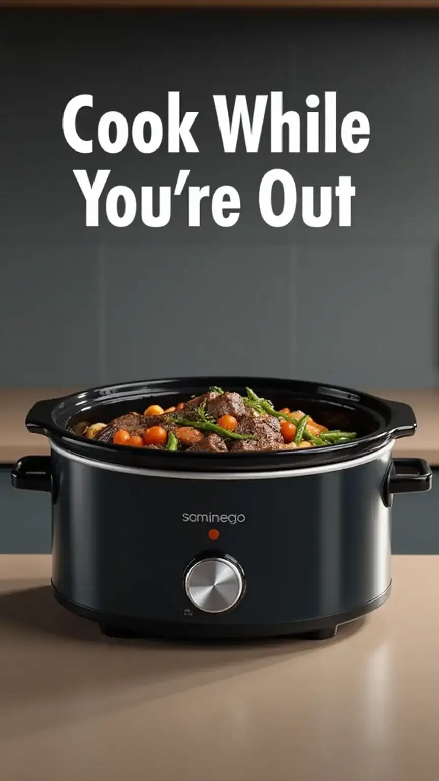 Smart slow cooker with a prepared meal, showcasing time-saving gadgets for busy men and efficient cooking.