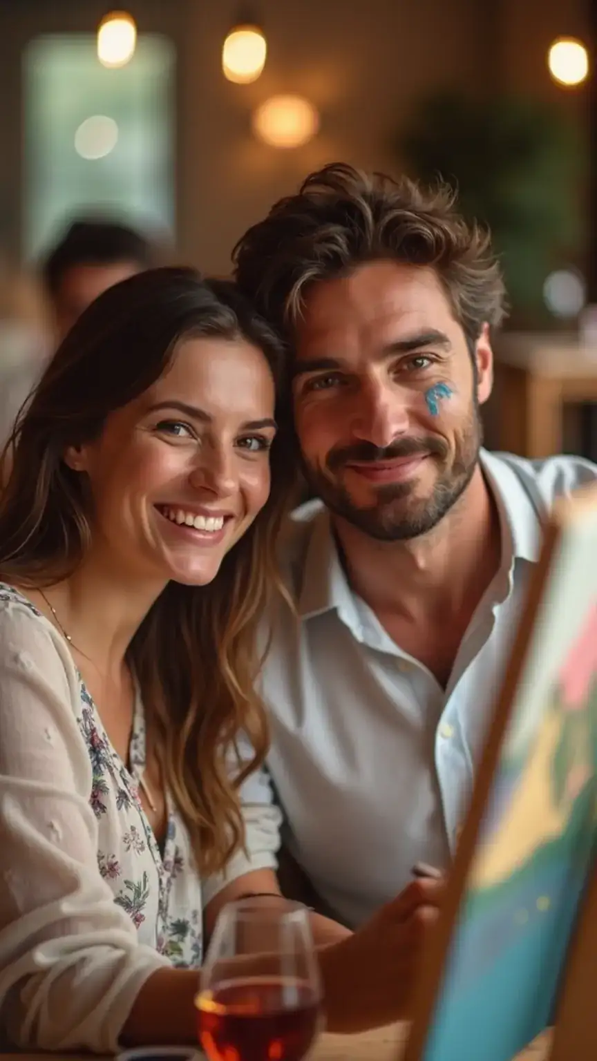 Wine and painting date night, creative couple activities, artistic romance, painting class for couples.