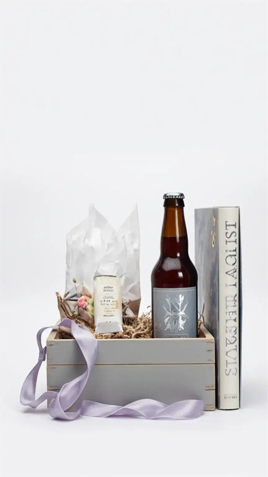 Collection of small, thoughtful gifts for men, including snacks, books, and beverages, perfect for birthday gifts for men and appreciation gifts.