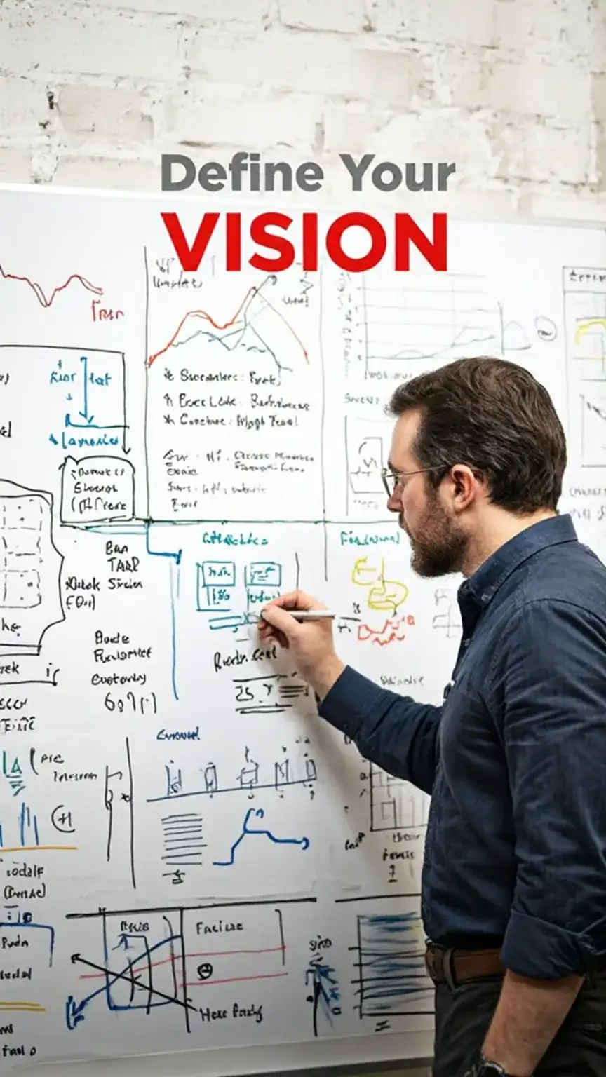 Man brainstorming business vision on a whiteboard. Business plan guide for guys, defining vision, mission, and values for entrepreneurial success.