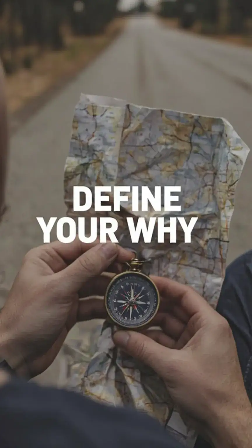 Man's hands holding a compass and map, symbolizing the entrepreneurship journey and defining motivations for starting a business. Keywords: entrepreneur advice, business startup, find your why, business planning, journey.