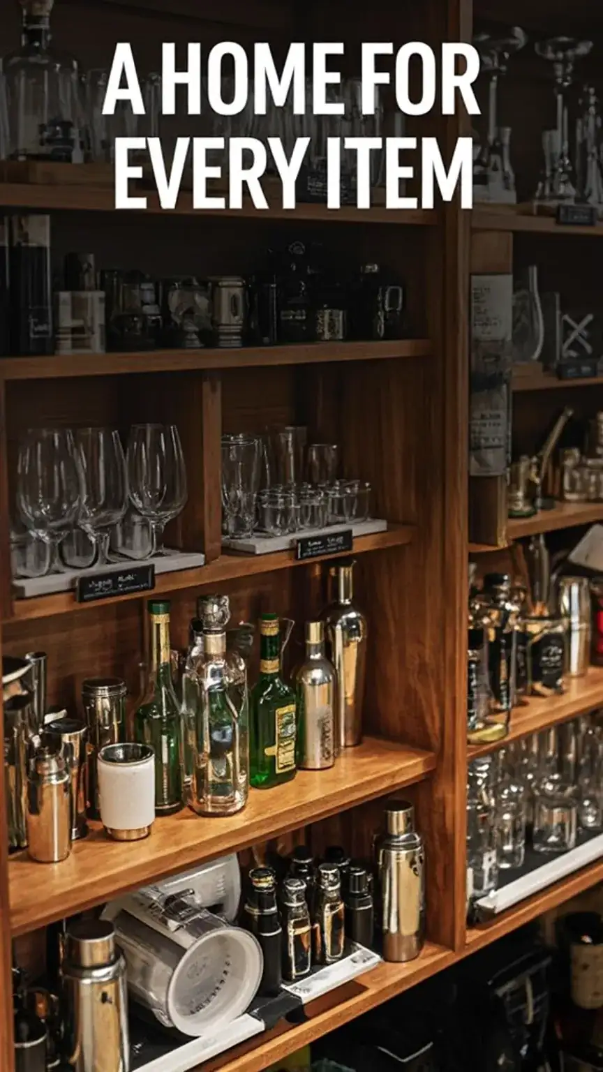 Designated storage for bar accessories in a home bar, emphasizing efficient bar storage and home bar organization strategies with clear labeling.