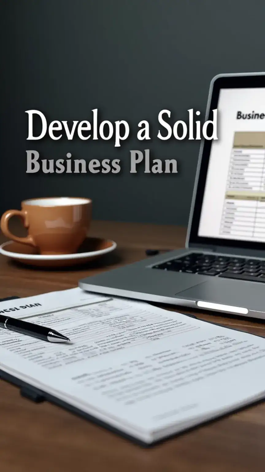 Desk with a business plan document, symbolizing the essential step of planning for starting a business. Keywords: entrepreneurship journey, business plan, startup strategy, financial projections, business roadmap.