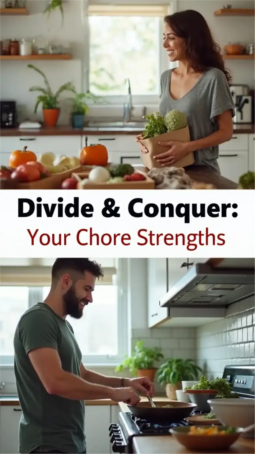 Dividing household responsibilities based on strengths between partners. Men working together, sharing chores effectively. Keywords: household responsibilities, sharing chores, partnership, couple collaboration, task division.