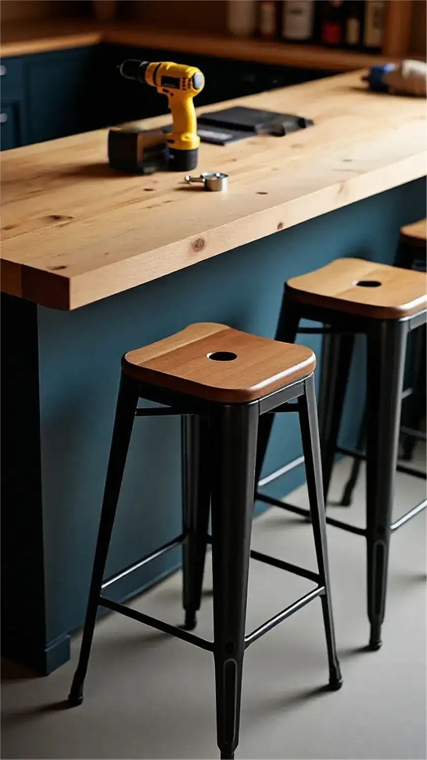 DIY bar essentials for a man cave, home bar setup components, sturdy table, bar stools, DIY tools, building a home bar.