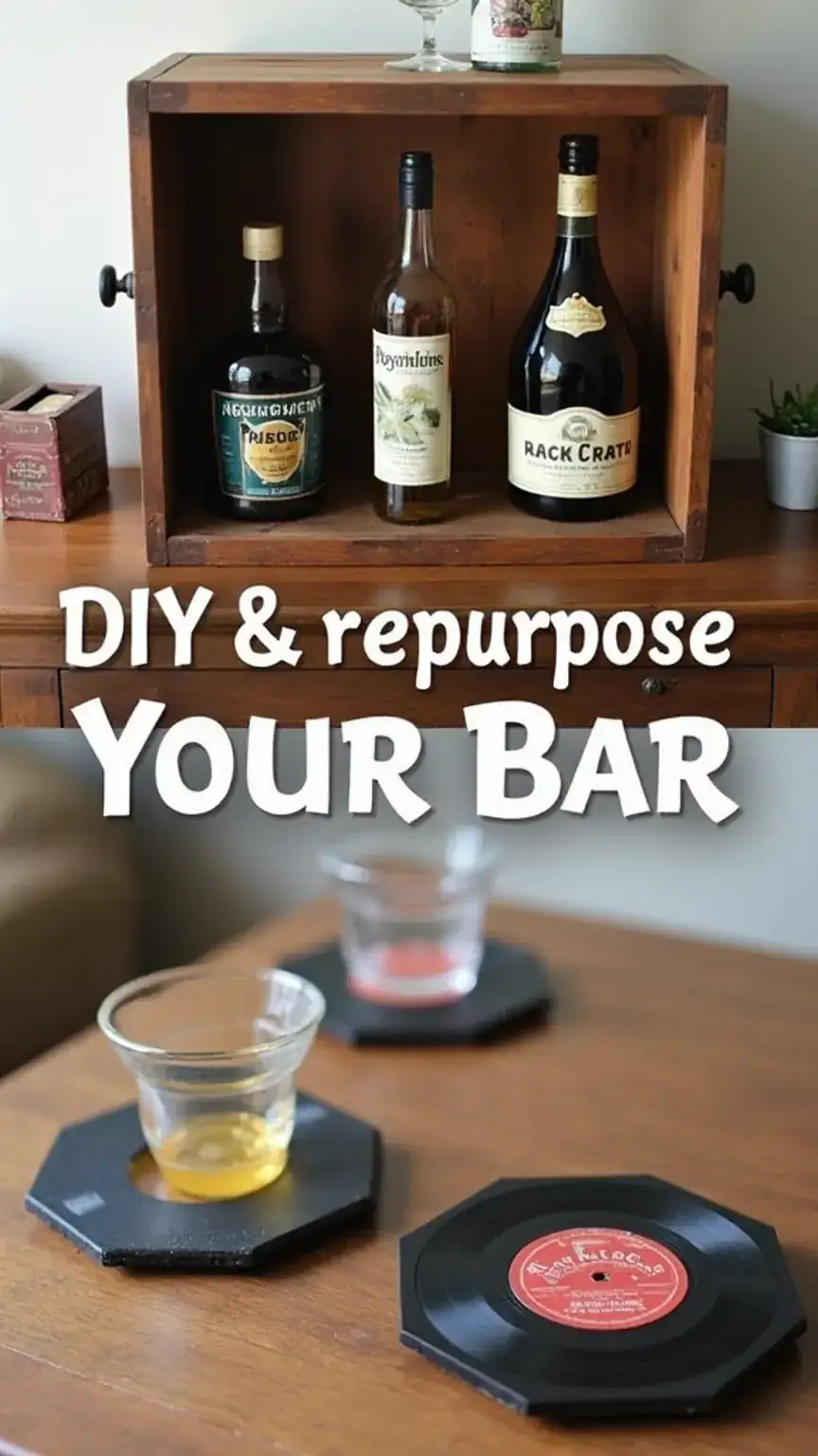 DIY home bar ideas, repurposed bar items, budget-friendly bar decor, creative bar solutions, vintage bar style.