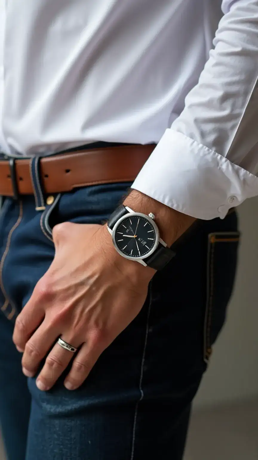 Dressy casual watch styling for men, leather strap watch with white shirt and dark jeans, men's fashion outfit inspiration, watch styling for men.