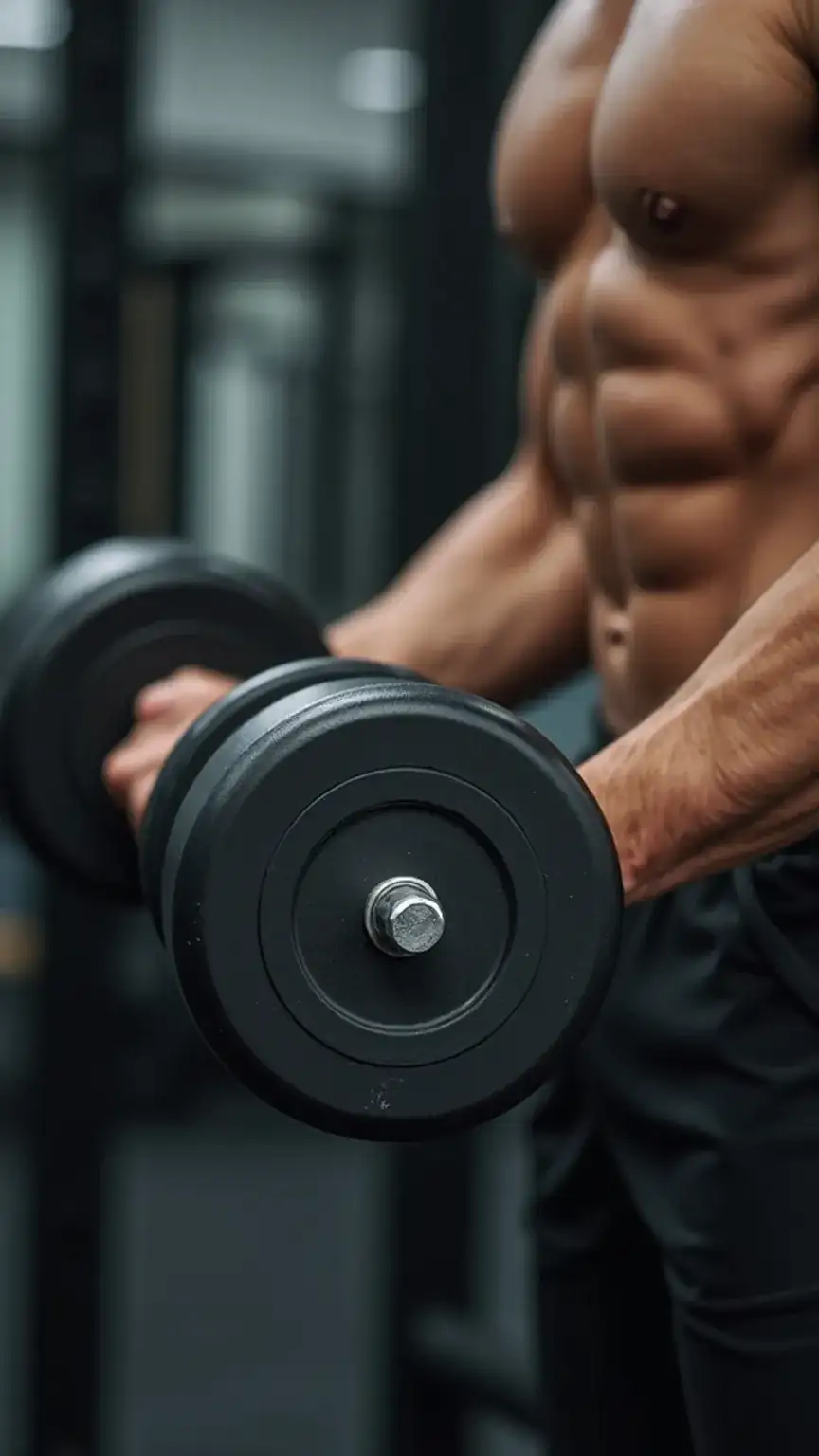 Close-up of hands gripping a dumbbell, representing progressive overload in strength training for men, building muscle after 40, and overcoming aging fitness challenges.