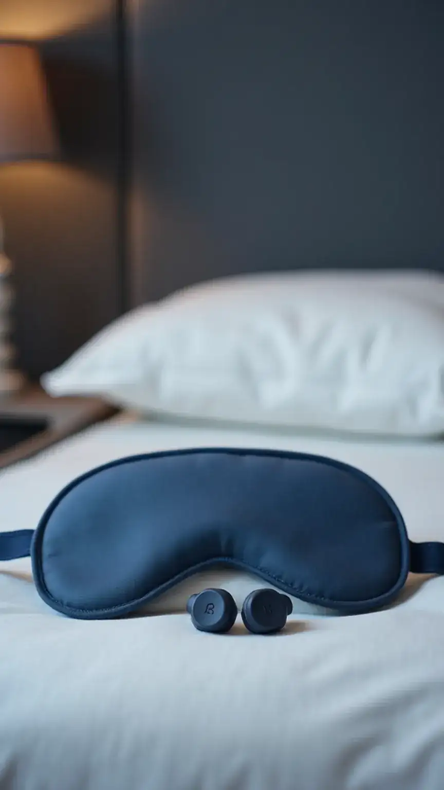 Earplugs and eye mask set, essential travel accessories for men seeking better sleep in noisy or bright environments.