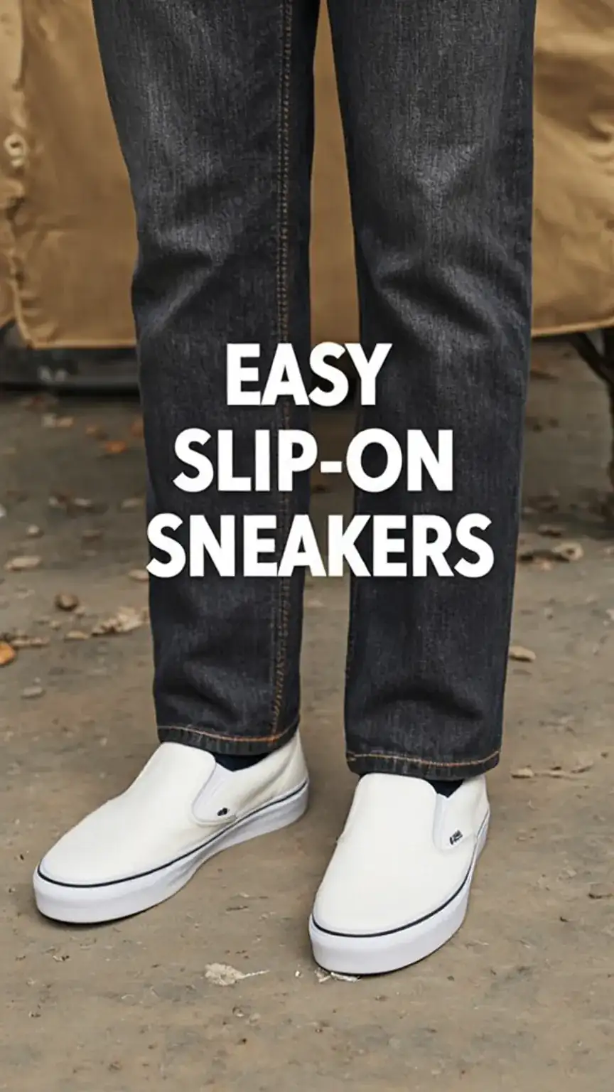 White Vans Slip-On sneakers paired with jeans, demonstrating comfortable and stylish slip-on shoes for men. Casual footwear for everyday wear.
