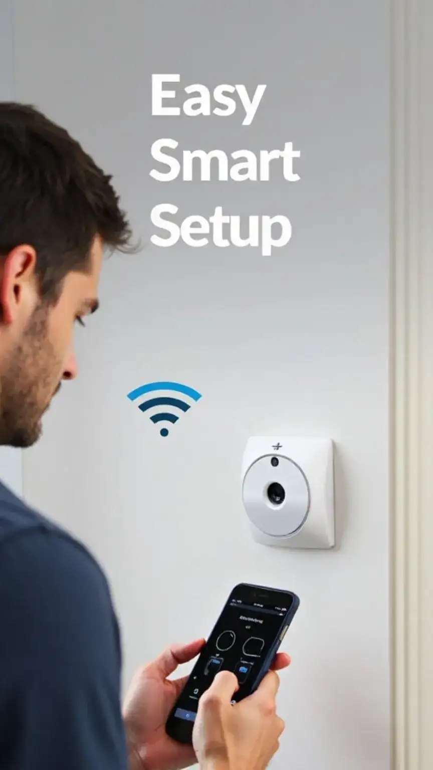 Man setting up a smart home security device, connecting to Wi-Fi. Illustrates easy installation and setup of smart security systems for improved home safety.
