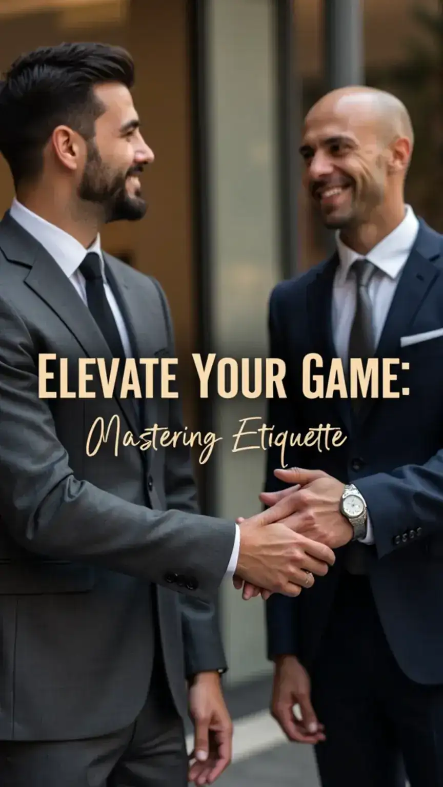 Man in suit mastering social and professional etiquette, business handshake, professional development, business manners, networking tips, men's etiquette.