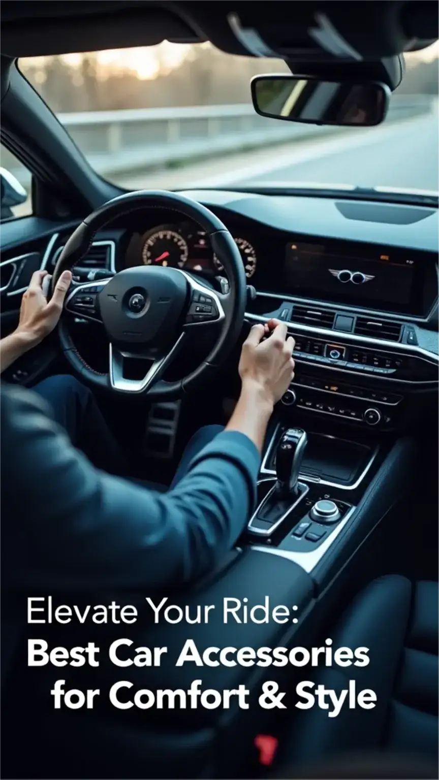 Man driving a car with stylish interior accessories, best car accessories for comfort and style, men's car gadgets, driving experience upgrade.