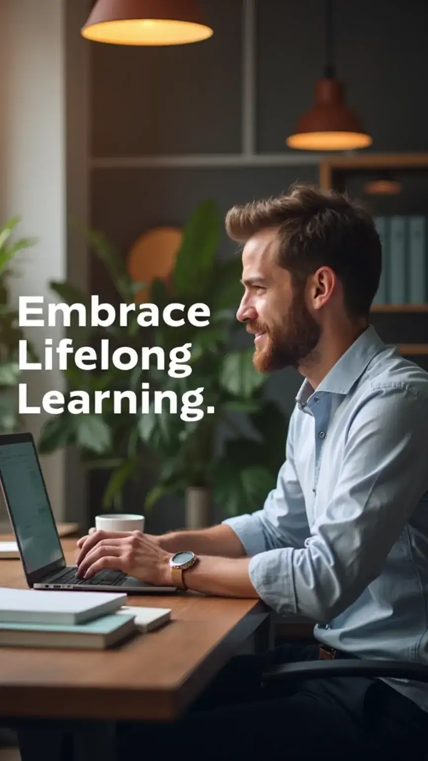 Man learning online, emphasizing lifelong learning and career development. Key for staying relevant in the job market. Professional development.