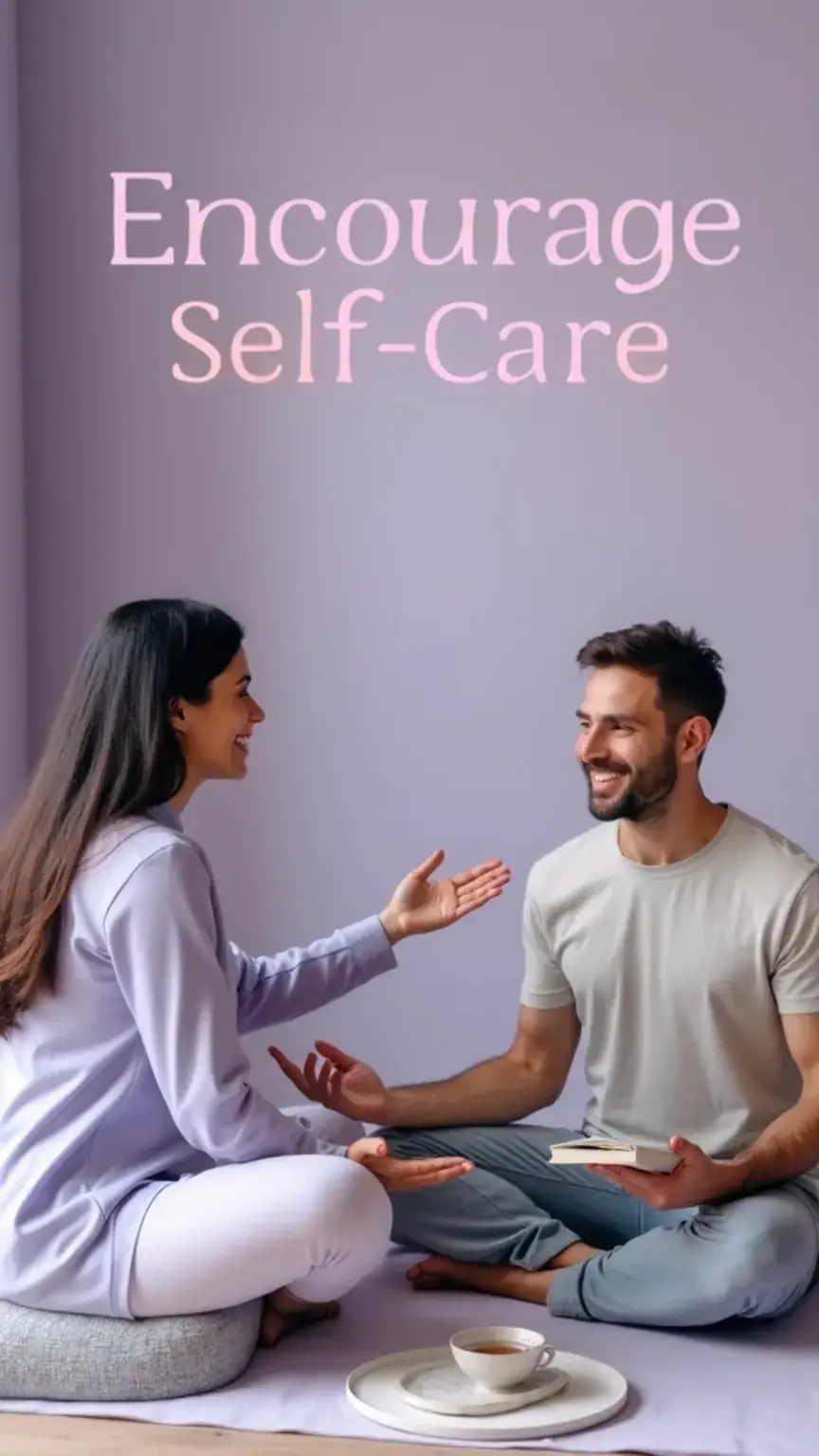 Woman encouraging partner's self-care, relationship advice for well-being during tough times. Pastel hues, supportive partnership.