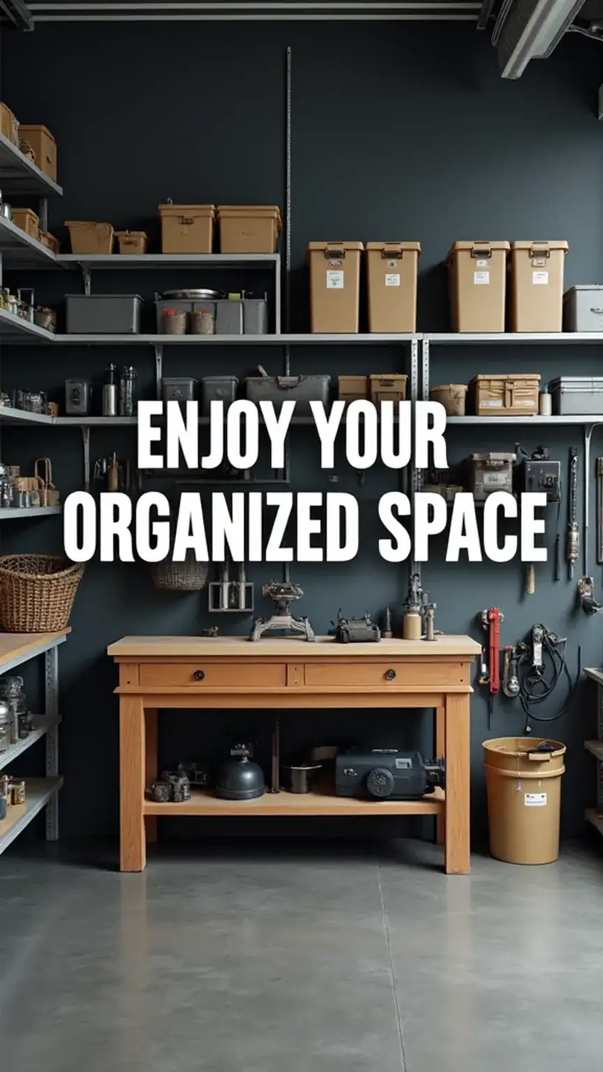 Organized garage with new shelving and storage solutions, home organization, DIY project results, clutter-free space, male organization.