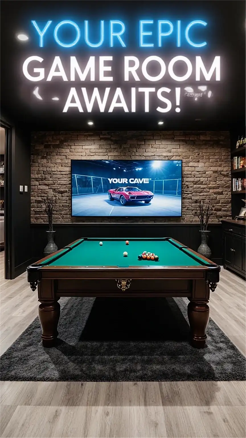 Completed man cave game room, the ultimate hangout spot for friends, showcasing inspiration for game room ideas and setup.