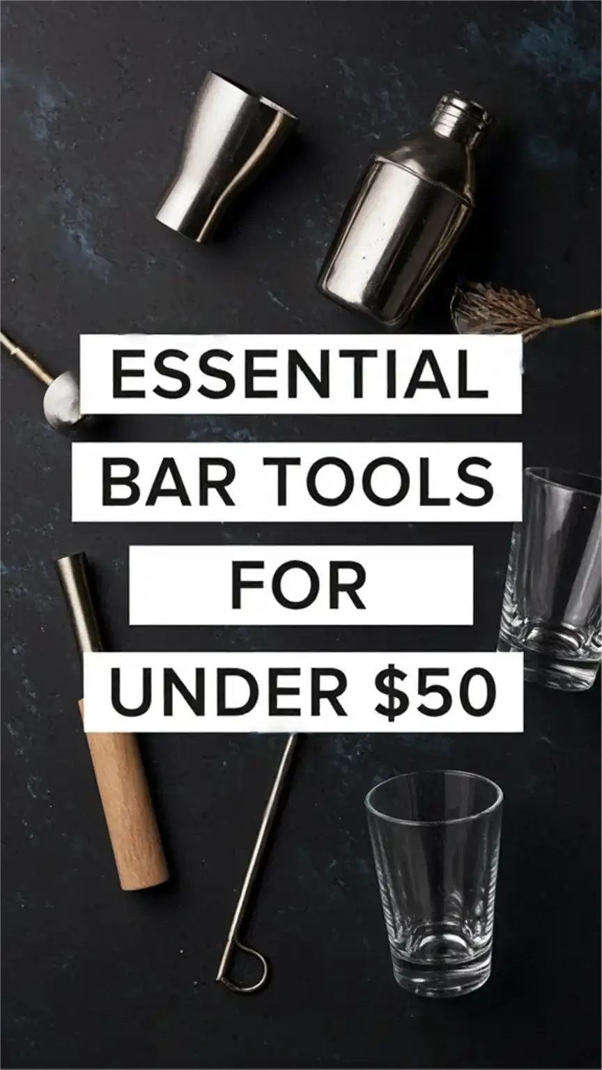 Budget bar essentials for men: jigger, muddler, cocktail shaker, glasses. Affordable bar tools for a home bar setup, DIY bar accessories.