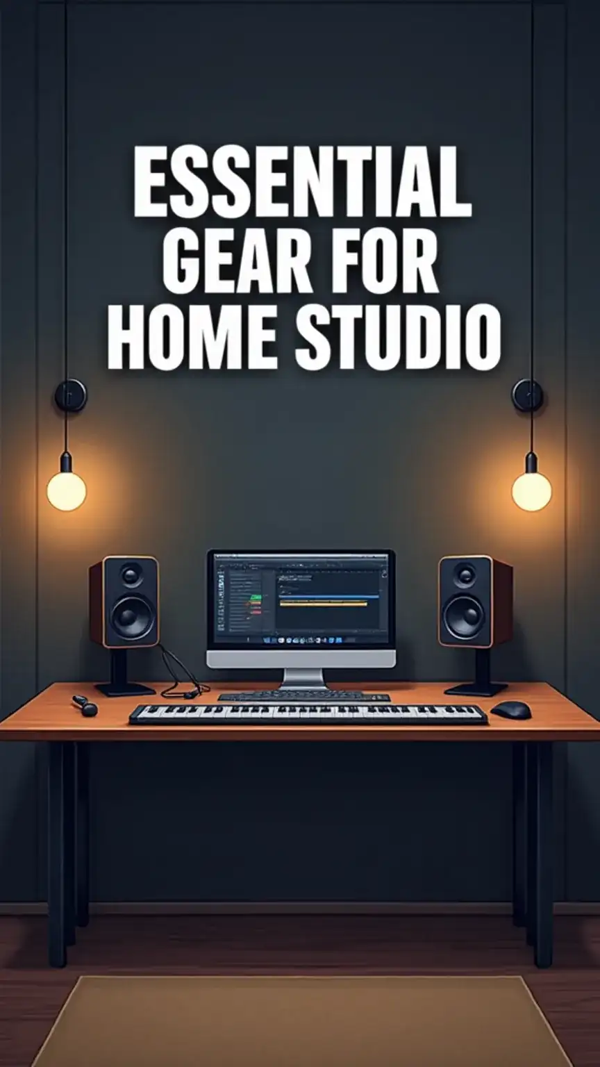 Essential equipment for starting music production at home, including DAW software, MIDI keyboard, and studio monitors. Home studio gear guide for beginners.