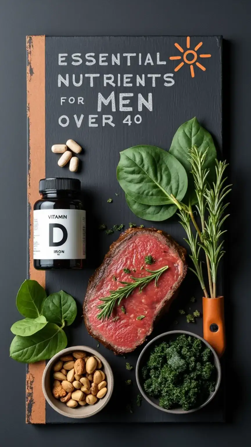 Essential nutrients for men over 40: Vitamin D, Iron, Magnesium. Healthy eating for men, nutrition for vitality, dietary supplements for men's energy.