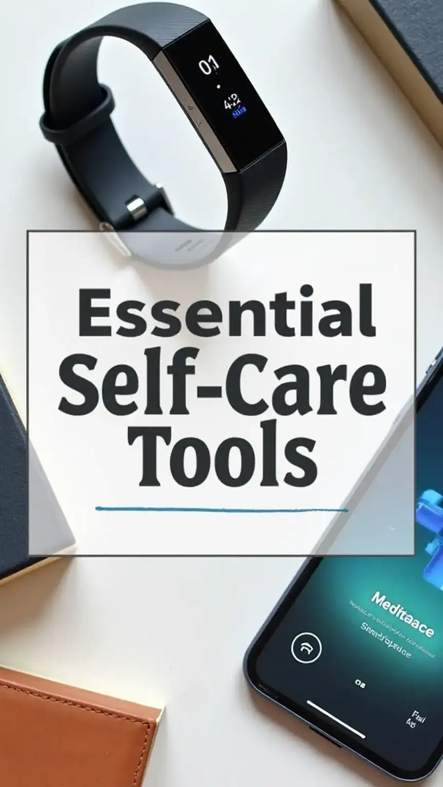 Self-care tools for men: fitness tracker, meditation app, and self-help book, promoting men's personal growth and well-being.