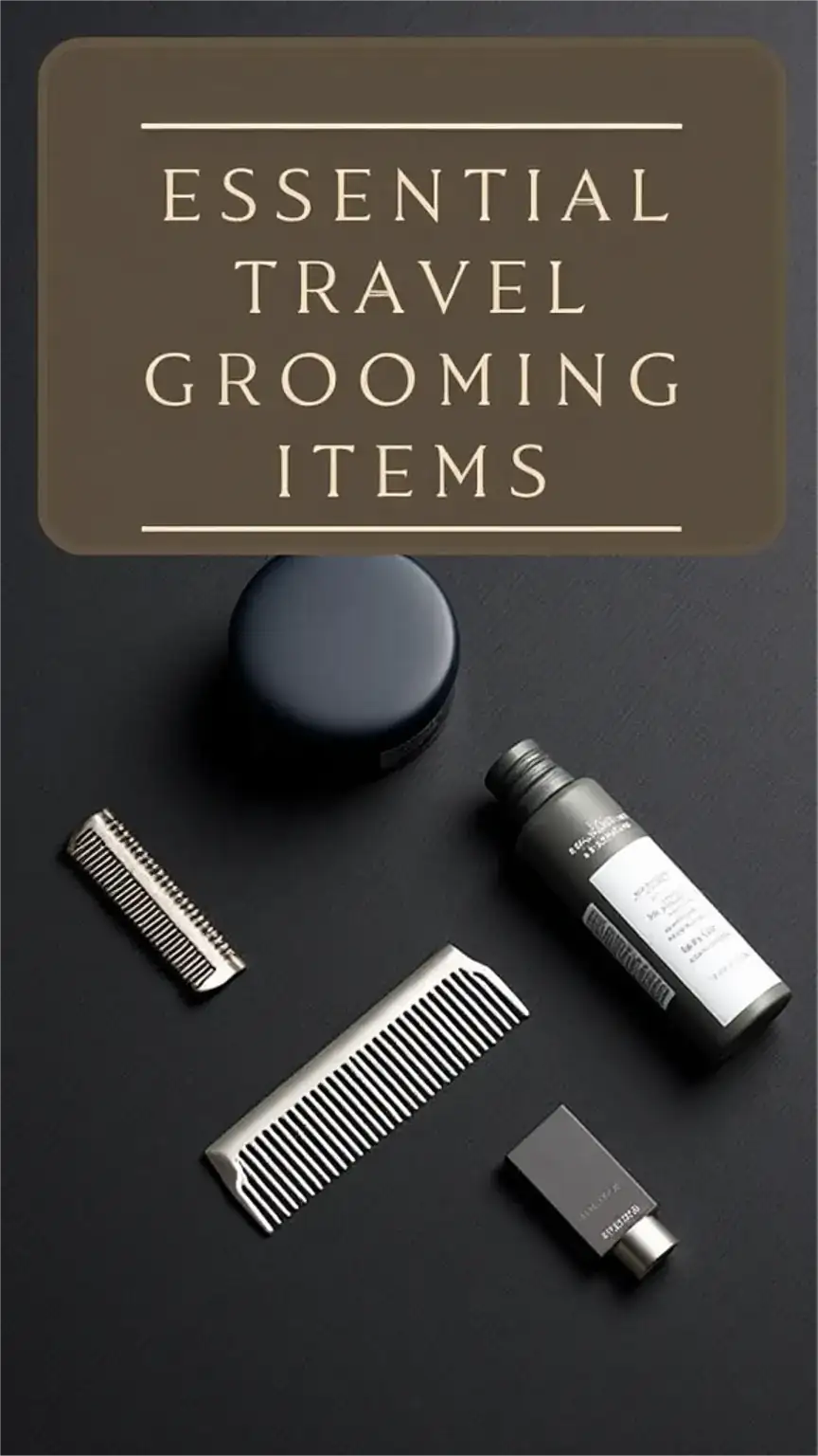 Essential men's grooming items for travel, including travel-sized shaving cream, aftershave, and comb, showcasing grooming on the go.