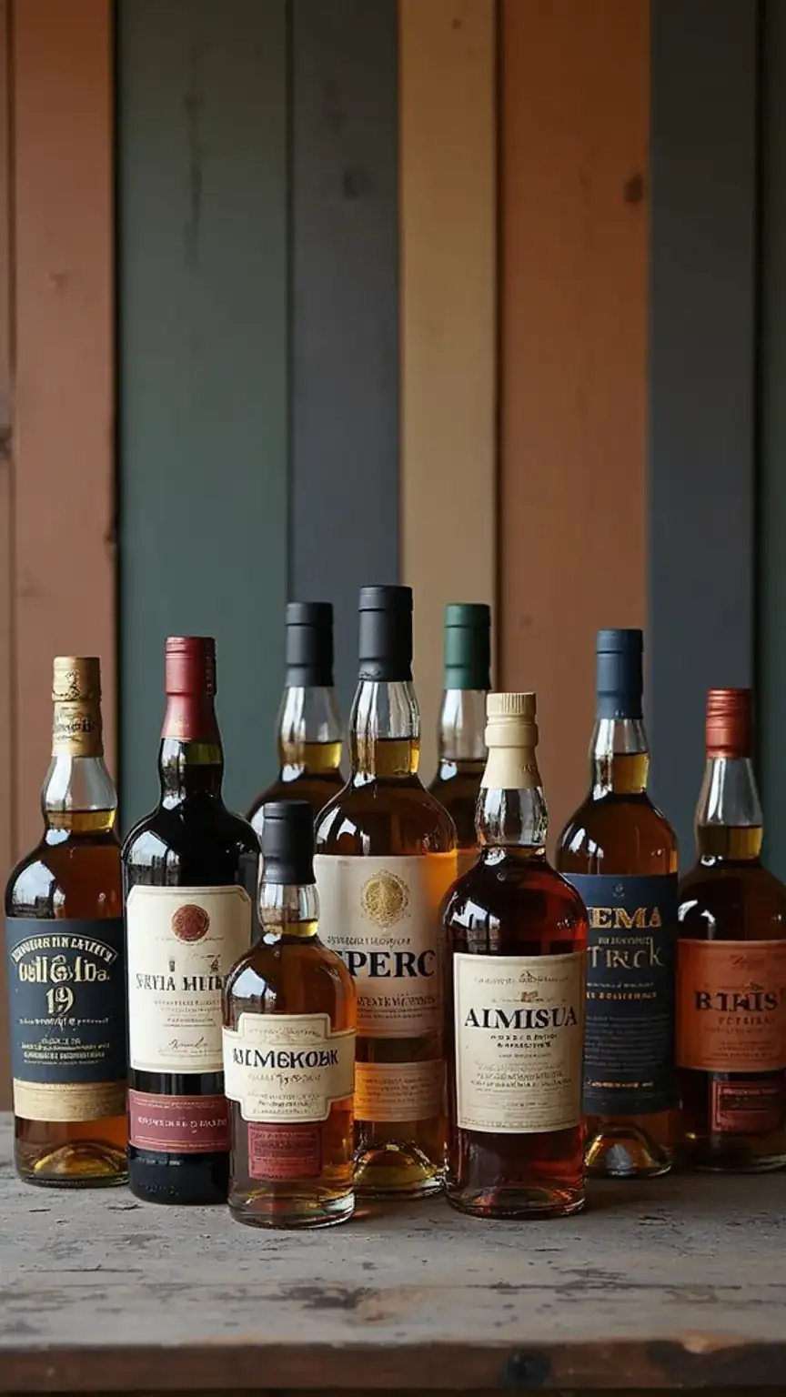 Variety of bourbon and scotch bottles to encourage experimentation with different whiskey styles in a comparison guide.