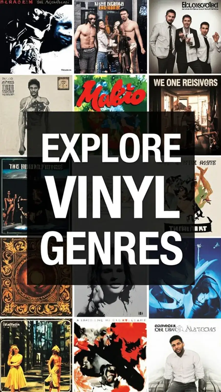 Vinyl record genres montage, featuring classic rock, jazz, hip-hop, and electronic album art for vinyl collections.