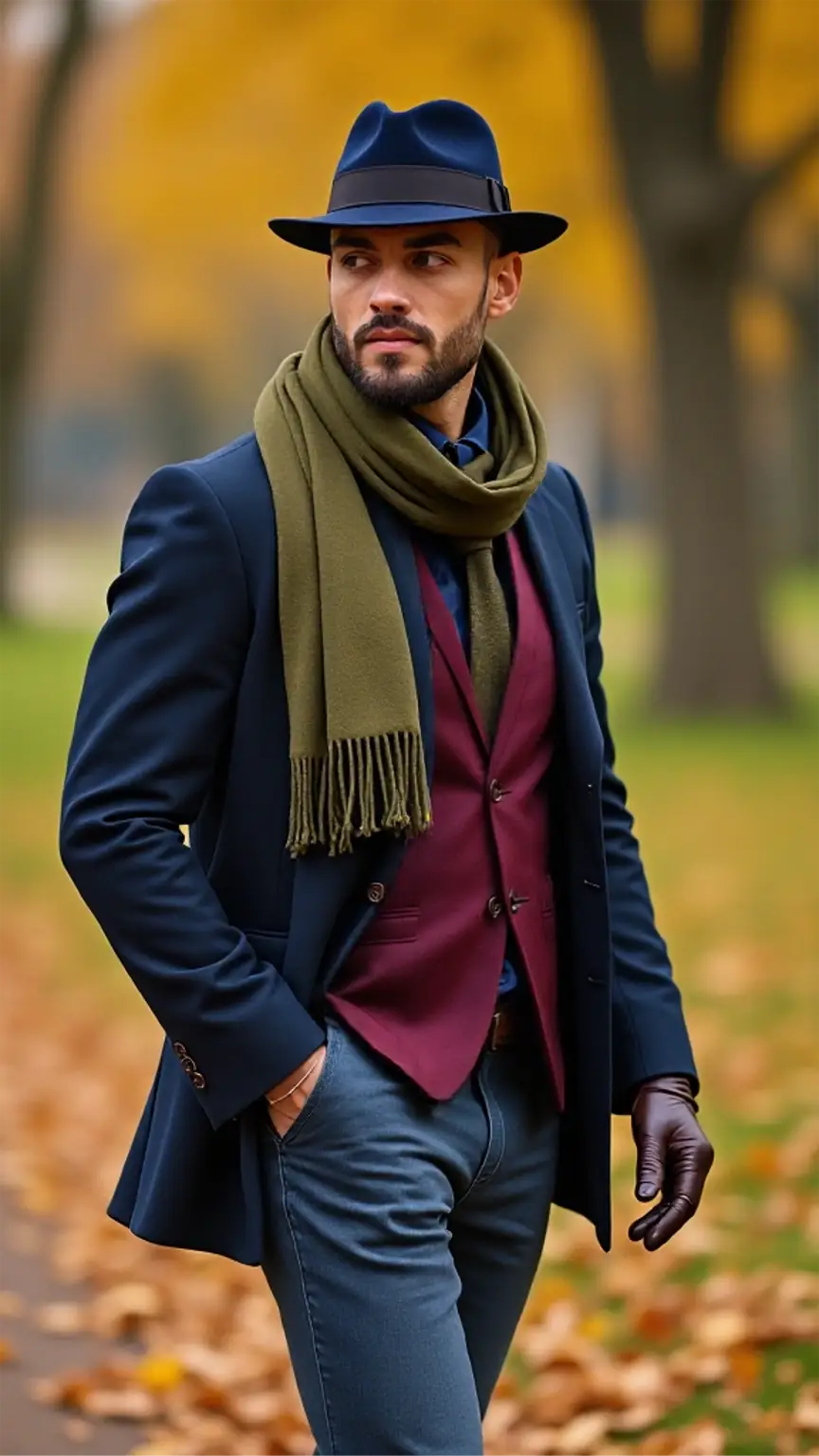 Man in a navy trilby hat, dark brown gloves, olive green scarf, and brown chukka boots styled for autumn in a park with golden leaves.