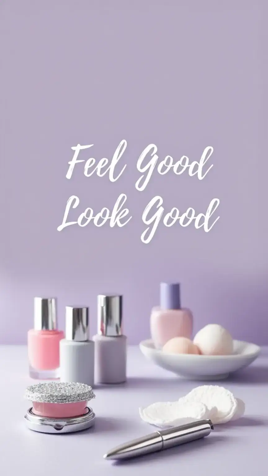Aesthetic arrangement of elegant beauty products like lipstick and nail polish, illustrating feeling good and looking good through grooming. Women's grooming, beauty advice.
