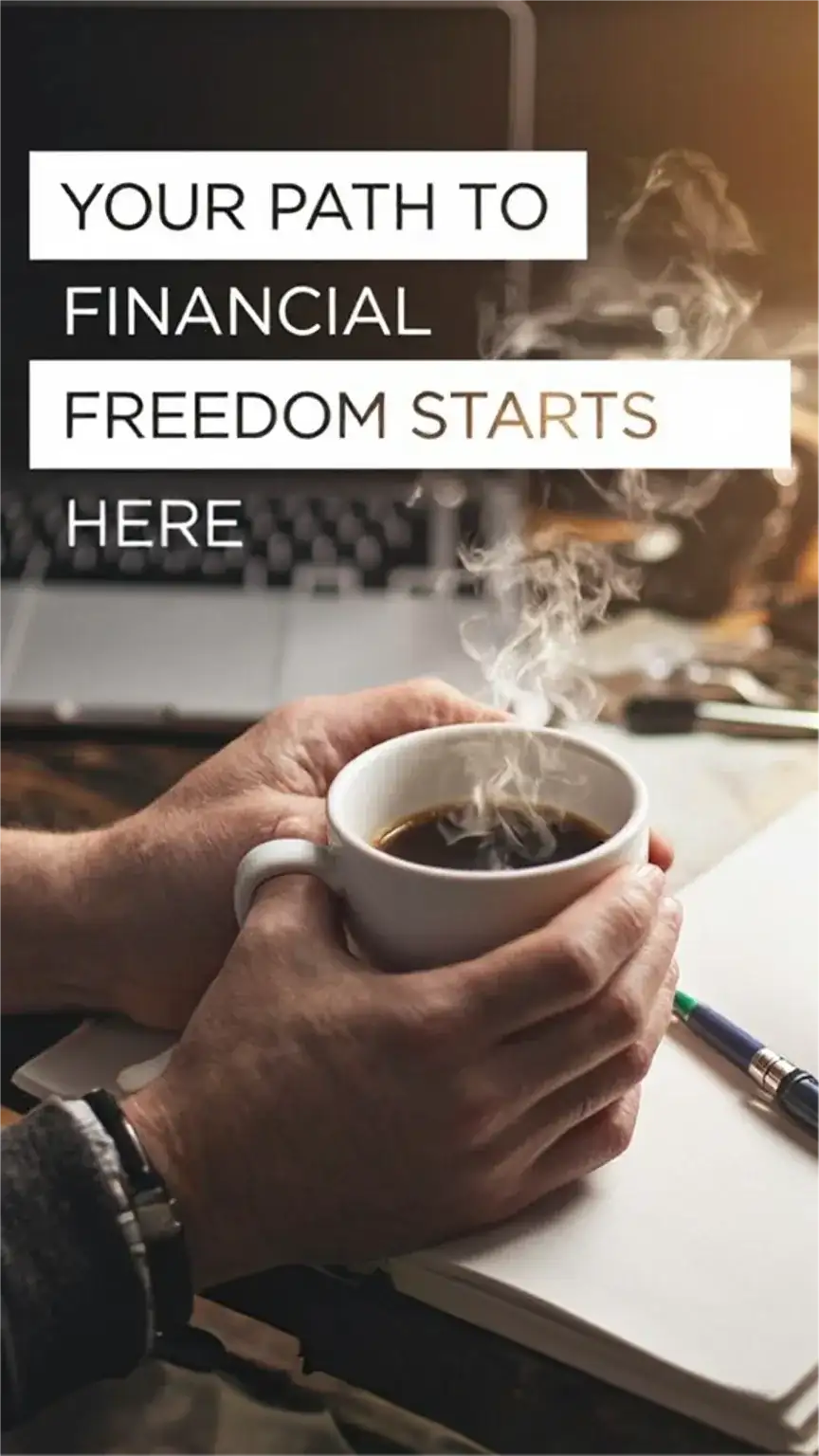 Man with coffee planning financial independence, wealth building strategies, money management tips.