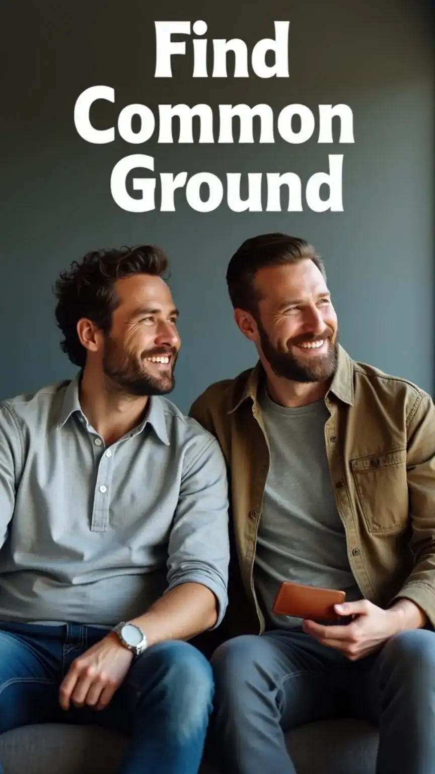 Two men sitting together, looking forward, representing finding common ground in relationships. Keywords: conflict resolution, compromise, relationship building, common goals.