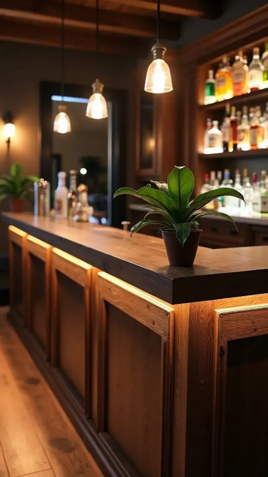 Finishing touches on a DIY man cave bar, home bar decor, bar lighting, DIY bar customization, man cave bar ideas.
