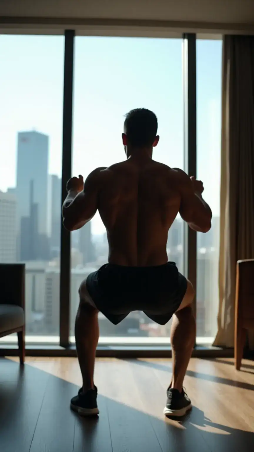 Man doing bodyweight exercises in a hotel room. Fitness on the go, travel fitness tips, staying fit while traveling.