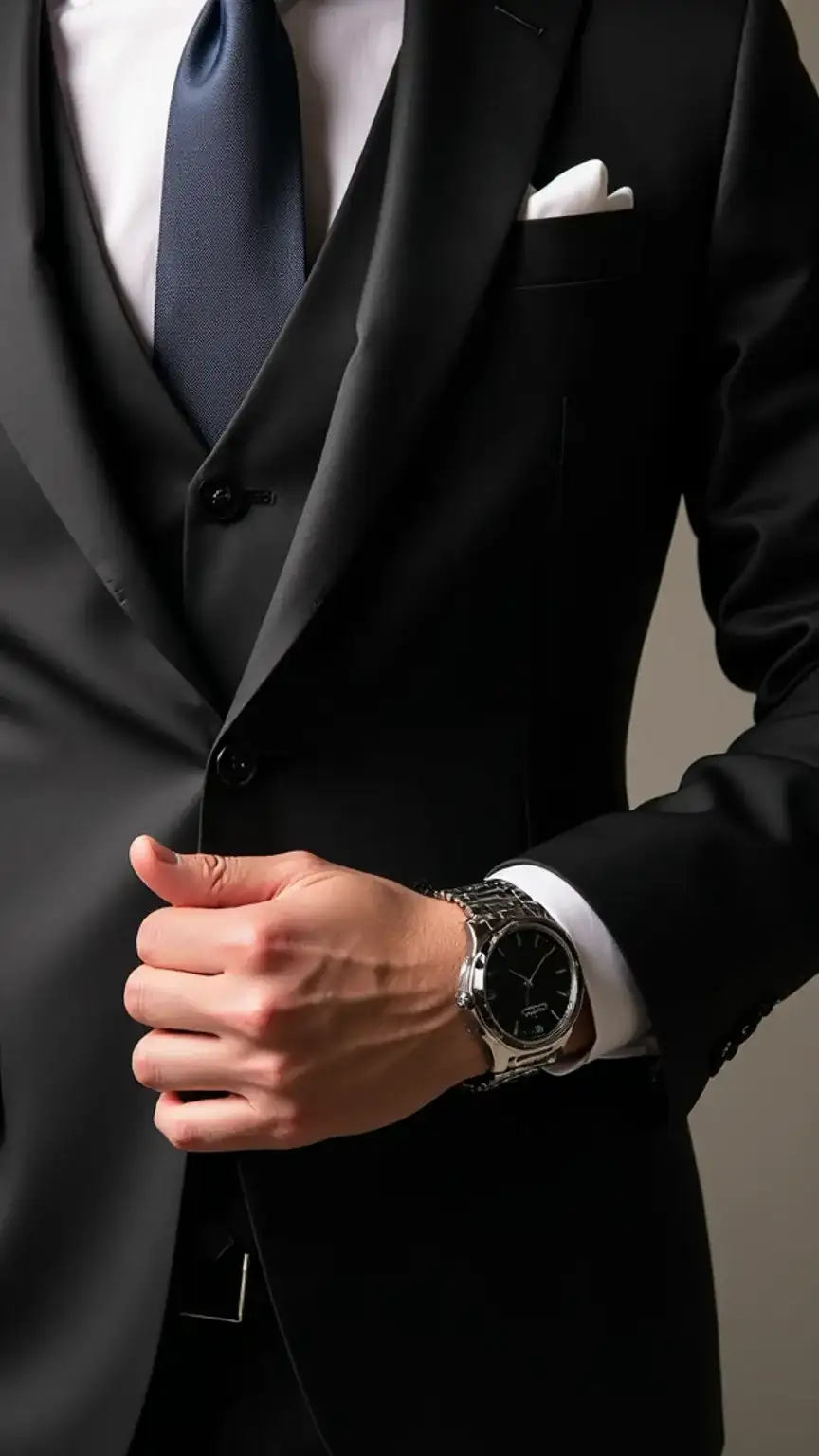 Formal watch styling for men, metal strap watch with suit and tie, men's formal fashion, sophisticated watch choices, men's watch fashion.