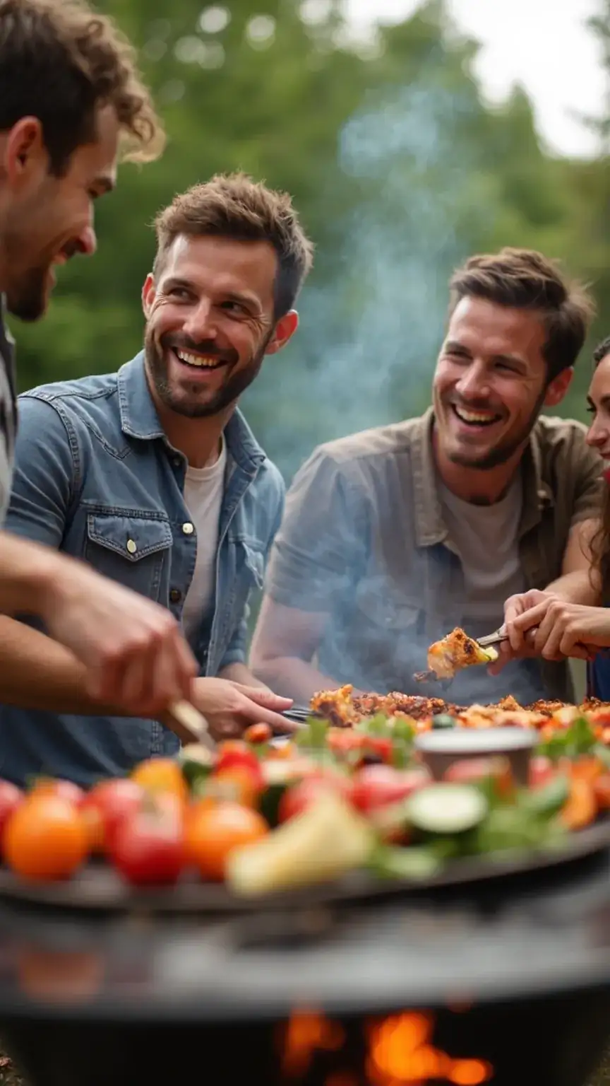 Friends enjoying delicious grilled vegetables at a backyard BBQ, celebrating the success of mastering vegetable grilling for flavorful, healthy meals.