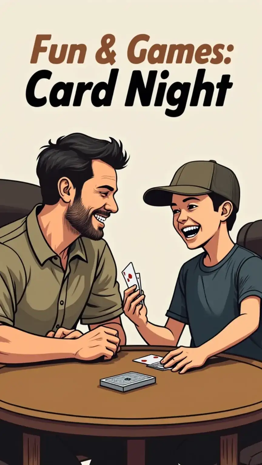 Father and son playing cards, game night bonding, dad and teen card games, family fun.