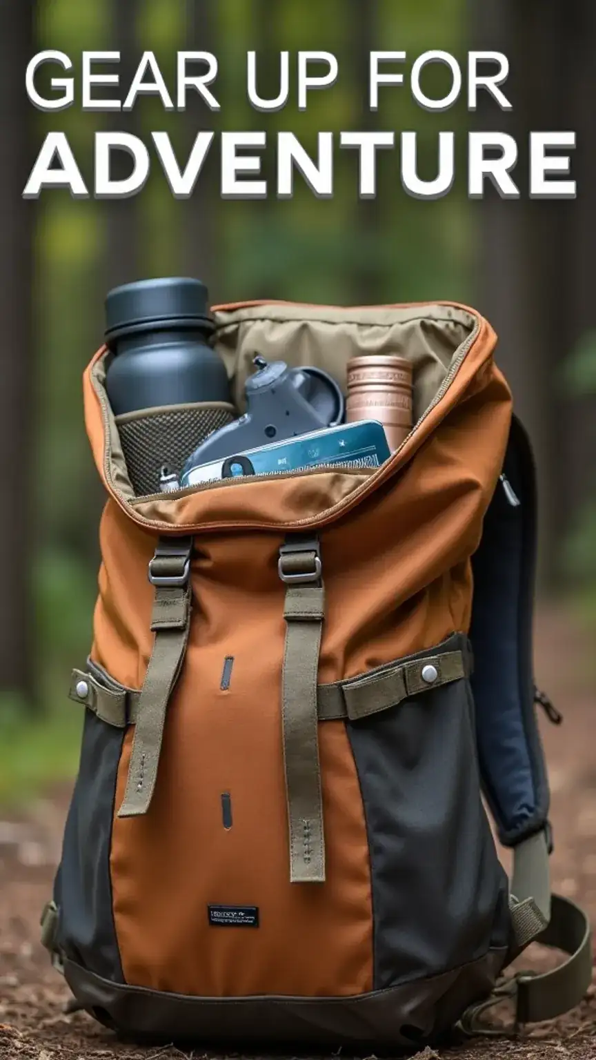 Backpack packed with outdoor adventure gear, camping essentials, hiking equipment, men's adventure pack, preparation for the wilderness.