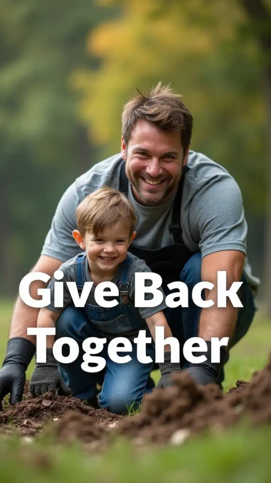 Father and son volunteering, community service bonding, dad and teen giving back, family volunteer activities.