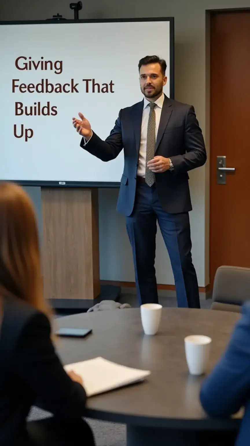 Man presenting to colleagues, constructive feedback, professional development, communication skills, workplace success.