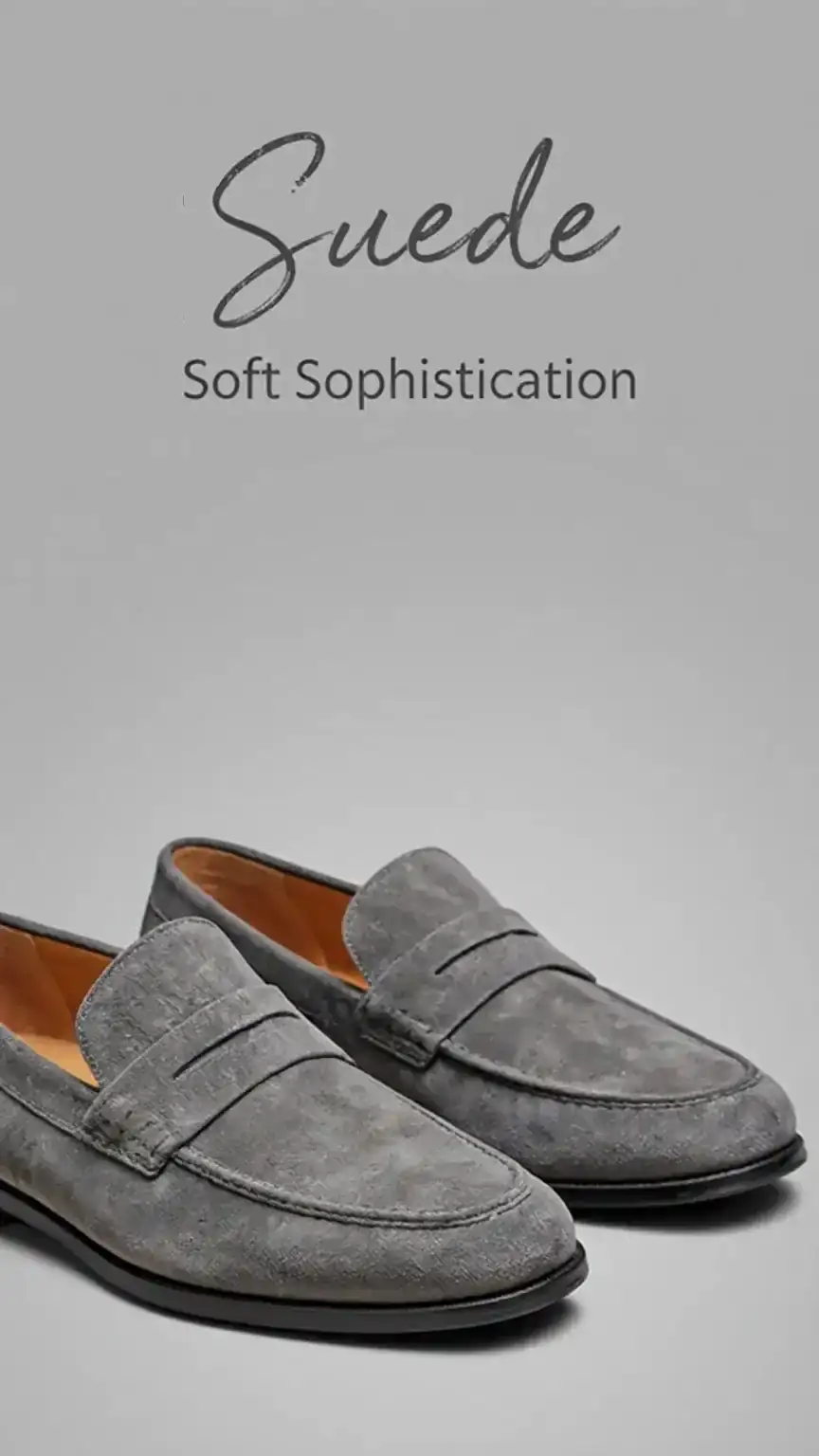 Grey suede loafers for men, showcasing soft texture and stylish design, casual yet sophisticated dress shoes.