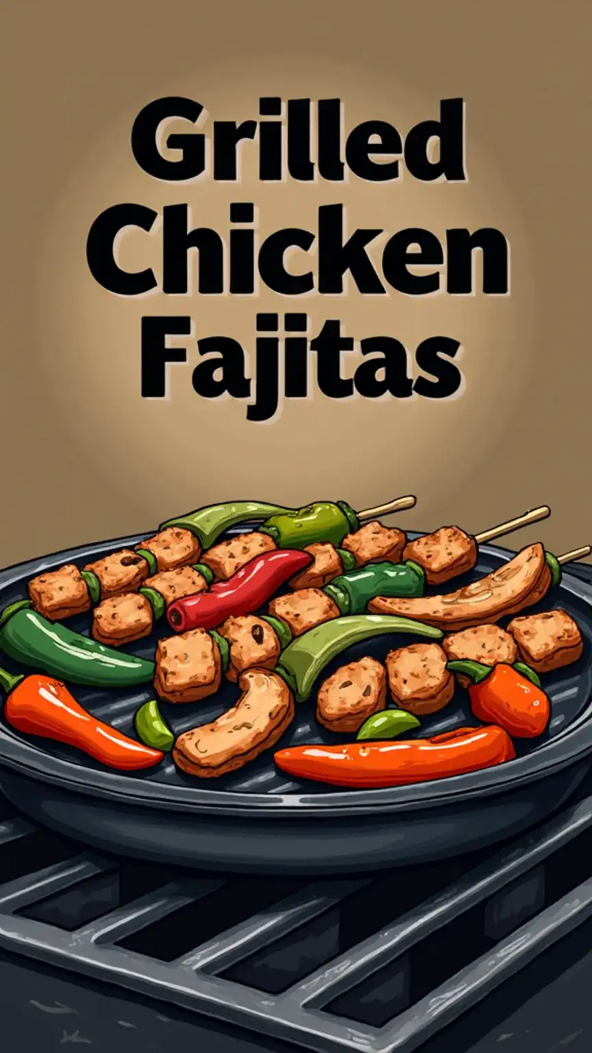 Illustration of sizzling grilled chicken fajitas, a popular summer BBQ recipe. Includes colorful peppers and onions, perfect for outdoor grilling.