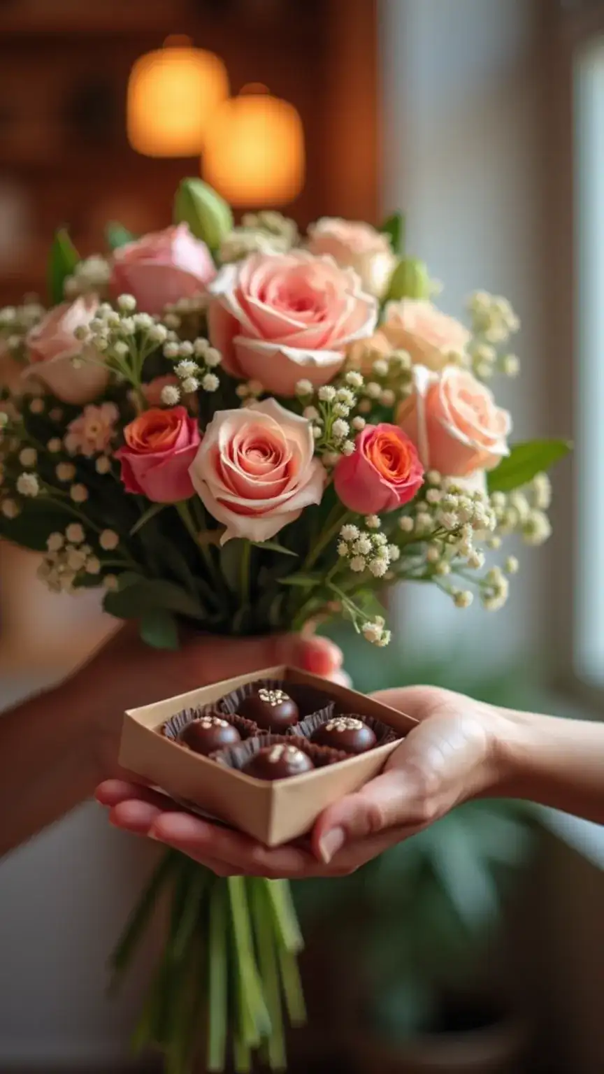 Flowers and chocolates for a partner, romantic gesture, surprise gift ideas for date night, thoughtful presents.