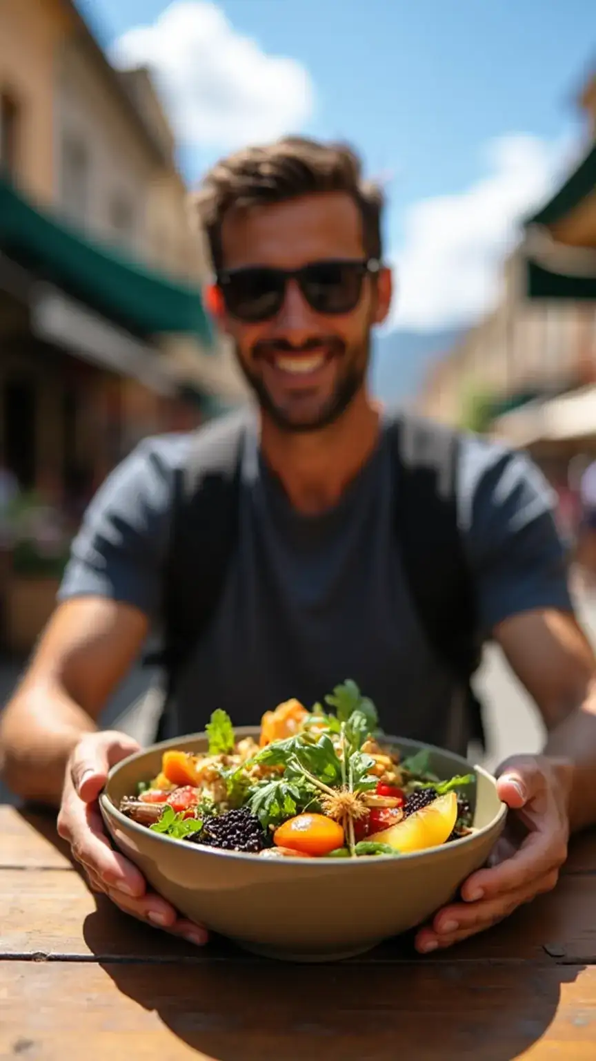 Man eating healthy food from a local market. Nourishing the body while traveling, travel health, staying fit while traveling.